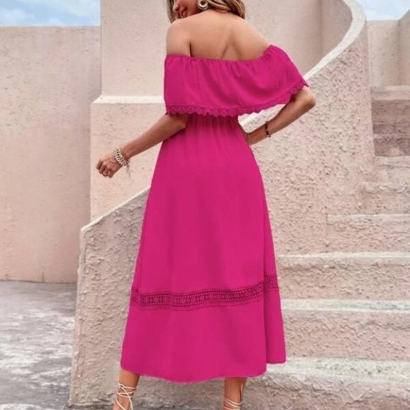 Hot Pink Off Shoulder Midi Dress - Picture 5 of 6